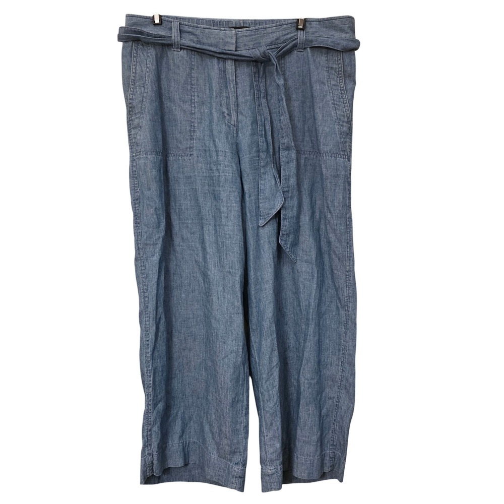 Talbots Blue Linen Cotton Blend Wide Leg Belted Cropped Pants Womens 10‎
